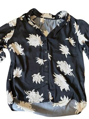 T Tahari Black Floral Button-Front Blouse Size Small/P
